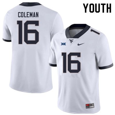 Youth West Virginia Mountaineers NCAA #16 Caleb Coleman White Authentic Nike Stitched College Football Jersey NT15J47AY